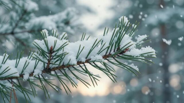 Snow falling onto a snow covered pine branch with soft bokeh