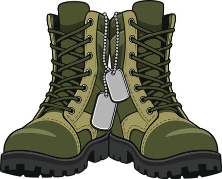 Military Combat Boots with Dog Tags Isolated on White Background