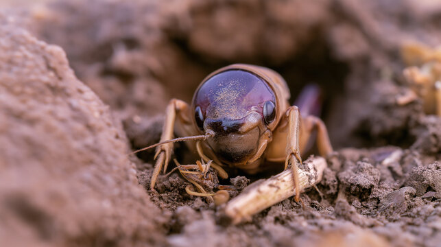 Cricket emerging from soil with large eyes and textured ground
