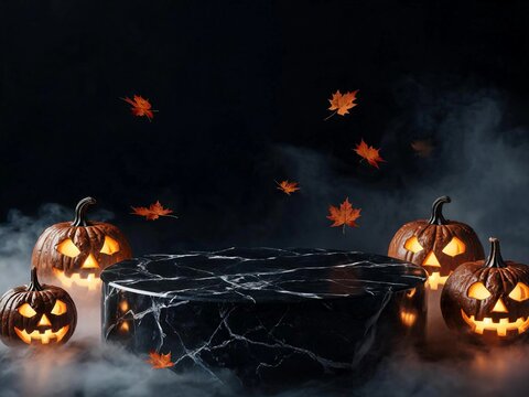 Halloween background with carved pumpkins, black marble podium, and floating leaves.