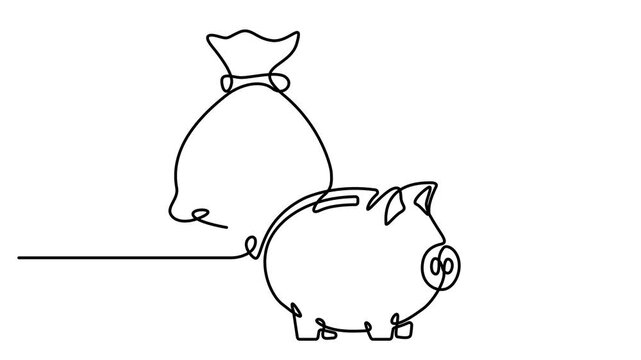 Animated one continuous single line drawing of a piggy bank and money bag with dollar sign symbol for financial savings and investment concept . Full length one line animation 4k video