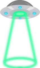 Glowing Green Tractor Beam UFO Flying Saucer, Alien Spaceship Abduction Sci-Fi Graphic Element, ufo flying with beam light © FyfaMetarial