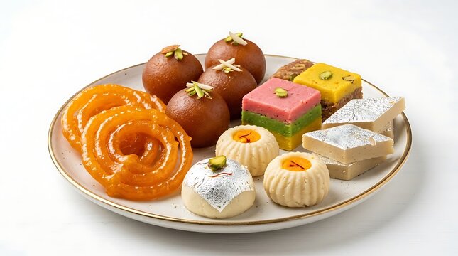A round plate containing an assortment of delicious traditional Indian sweets and desserts
