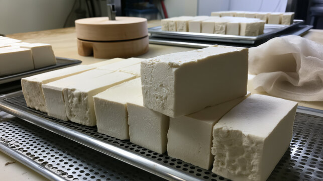 Fresh tofu blocks on metal trays in food production facility