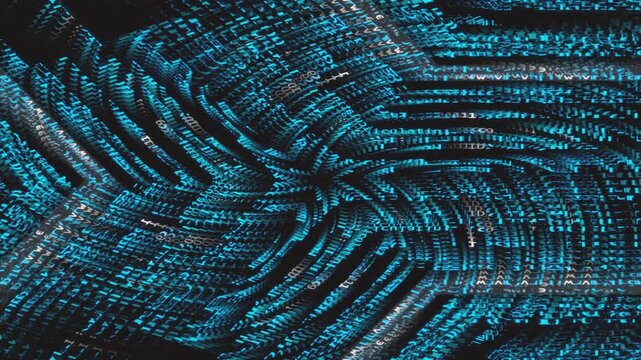 Abstract cyan digital code glitch with alphanumeric textures and radial symmetry scanning across dark background. Pairs with cyberpunk and synthwave branding aesthetic in a seamless VJ loop.