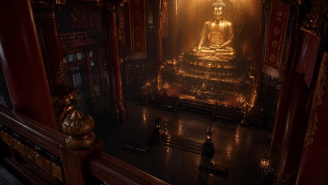 Golden Buddha Temple Serenity: A majestic golden Buddha statue sits serenely within a grand, ornate temple, bathed in ethereal light, evoking a sense of peace and spiritual devotion.
