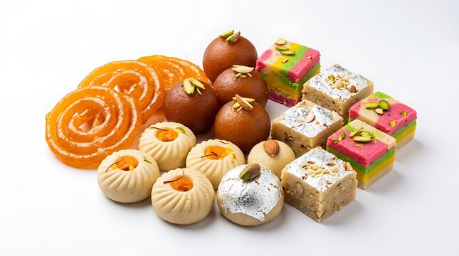 Assorted traditional Indian sweets including jalebi gulab jamun and colorful barfi arranged on a plain white background