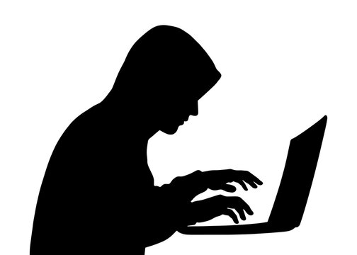Hacker in hoodie typing on laptop silhouette isolated on transparent background