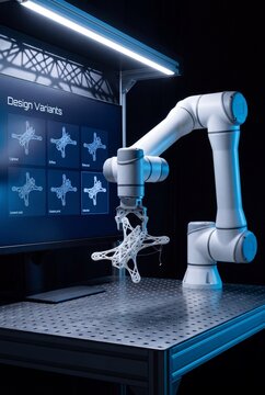 Robotic arm holding 3D printed lattice drone frame beside screen showing generative design variants in dark lab