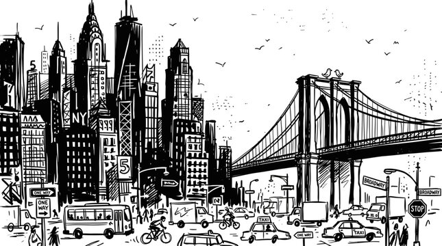 Hand drawn vector illustration of new york city skyline featuring the iconic brooklyn bridge scene