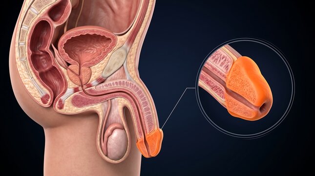 Detailed anatomical illustration of the male reproductive and urinary system with a focus on the penis and urethra.