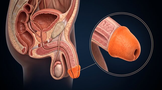 Detailed anatomical illustration of male reproductive and urinary systems with a magnified view of the glans penis.