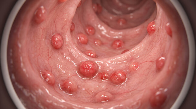 Medical endoscopic view showing multiple small red polyps inside tissue lining
