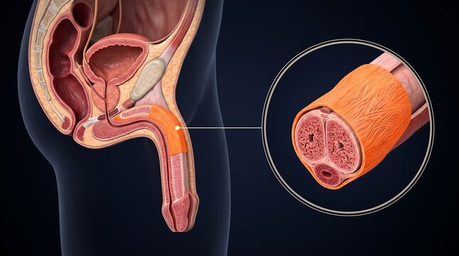 Anatomical illustration of the male reproductive system and a cross-section of the penis showing internal structures.