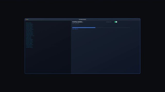 Digital system software update progress bar loading on dark screen