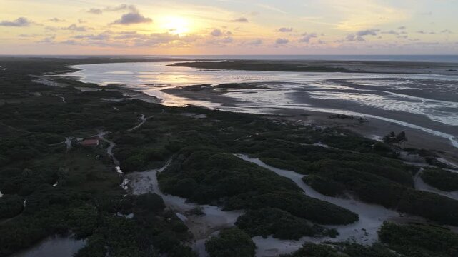 Aerial view of Lencois Maranhenses dunes at sunset, Brazil.