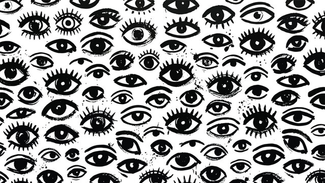 An artistic, surreal illustration featuring a dense pattern of numerous hand-drawn eyes, each with distinct lashes and pupils.