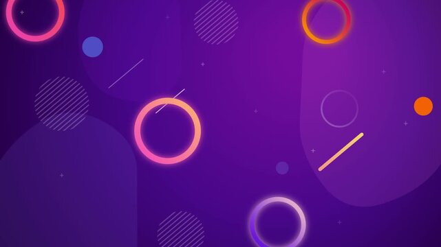 Abstract background with geometric neon circles and fluid shapes on purple gradient surface design