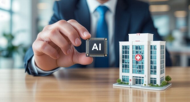 Businessman in a suit holding an AI microchip next to a miniature model of a modern hospital building on a desk, representing artificial intelligence and smart technology in healthcare.