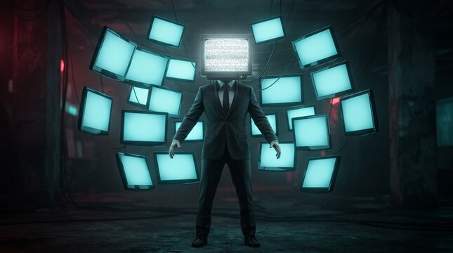 A man in a dark suit with a vintage TV for a head is positioned amidst a chaotic explosion of colorful, flickering television screens.
