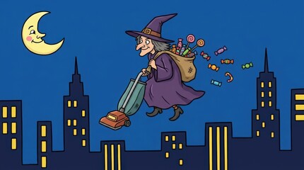 Obraz premium Whimsical Witch Vacuuming Candy in a Night Cityscape Illustration