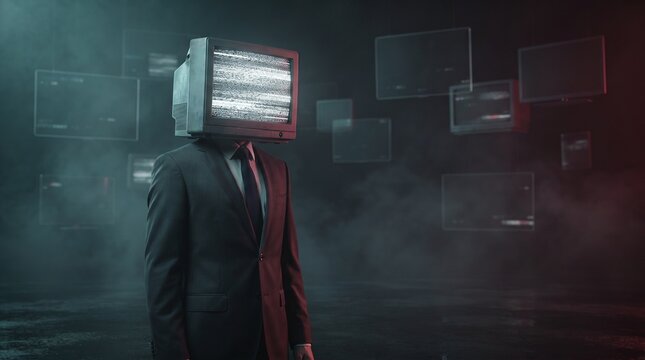 A suited figure with a vintage television set for a head stands amidst floating screens in a smoky atmosphere.