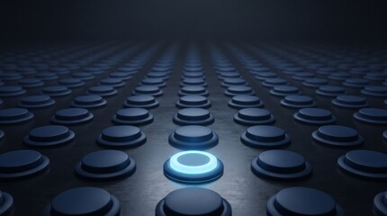 Obraz premium A single glowing blue button stands out amongst an endless grid of dark, identical buttons in a dimly lit environment.