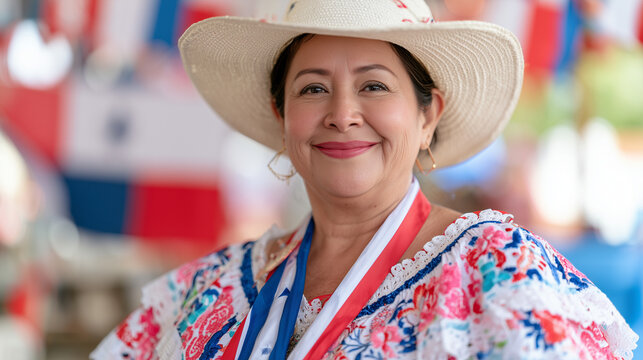 Portrait of a smiling woman wearing a traditional pollera dress during the Panama Independence Day cultural celebration in Panama city