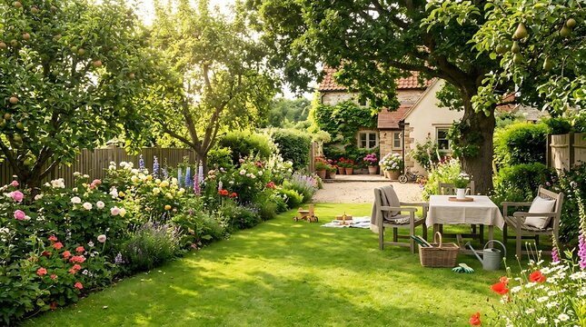 A quiet table and chairs set on a green lawn in a beautiful lush garden during a sunny summer day. garten im sommer