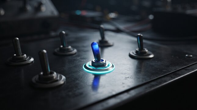 A single bright blue toggle switch is lit up on a dark, metallic control panel amidst several other unlit switches.