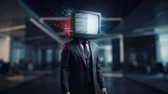 A businessman in a suit stands with an old television for a head, displaying static, suggesting a disconnect in communication.