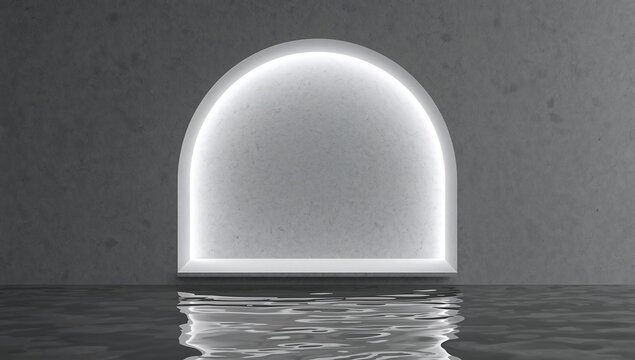 An illuminated arched niche embedded in a dark gray concrete wall with a reflective water surface at the base creating ripples and light reflections