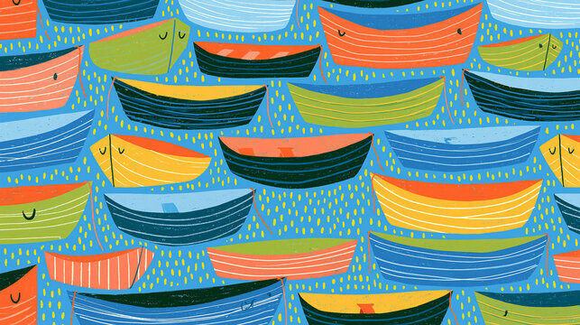 Colorful illustrated boats floating in a vibrant background.