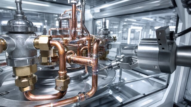 Industrial Machinery Detail: A close-up view of complex industrial machinery, showcasing intricate copper piping, valves, and metallic components within a modern factory setting.
