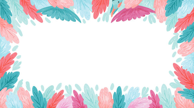Colorful feather border with vibrant hues of pink, blue, and green.