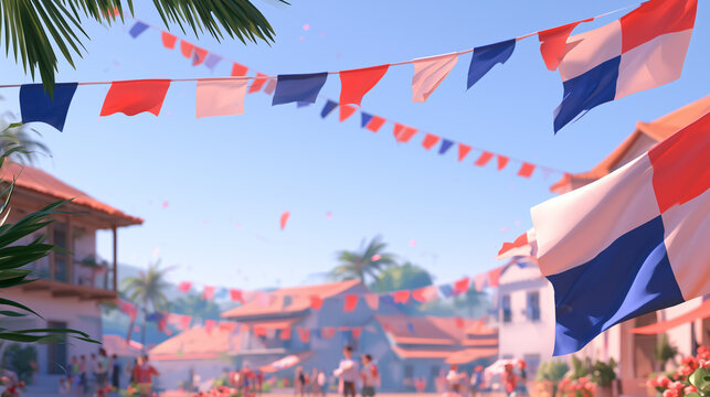 Vibrant Festive Atmosphere in Panama During the Celebration of Panama Independence Day Featuring Traditional Decorations and Flags Under a Sunny Sky