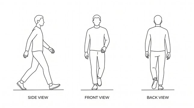 Set of walking man character outlines showing front side and back views for animation.