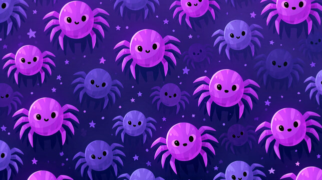 Colorful cartoon spiders in shades of purple on a dark whimsical background.