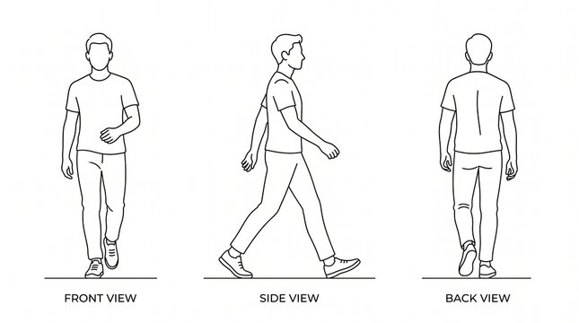 Set of walking man character views including front side and back poses in line art style.