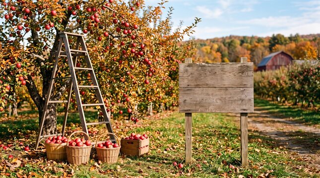Wooden sign in an apple orchard with a rustic ladder and harvest baskets filled with fresh red fruit during the autumn season