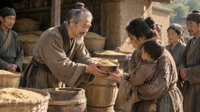 Ancient Grain Transaction: An elderly man with a grey beard, dressed in traditional robes, hands a bowl of grain to a woman holding a child, while others look on in a historical marketplace scene.