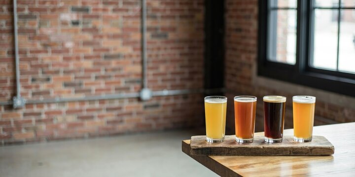 Four glasses of craft beer in different shades on a wooden tasting paddle