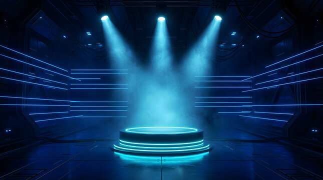Futuristic Stage with Blue Spotlight: An empty, futuristic stage illuminated by three bright blue spotlights, set against a backdrop of neon-lined seating.
