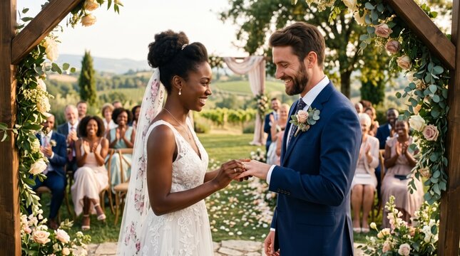 Young adult diverse couple exchanging wedding rings during an outdoor ceremony in a countryside vineyard at golden hour