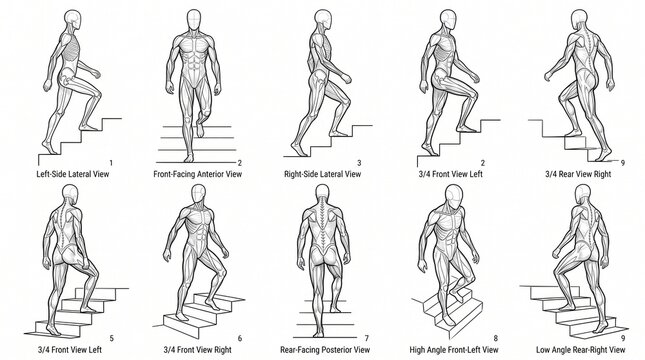 Anatomical reference sheet showing a male figure walking up stairs from multiple perspective angles.