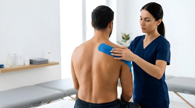 Professional therapist applying blue kinesiology tape to a male patient shoulder