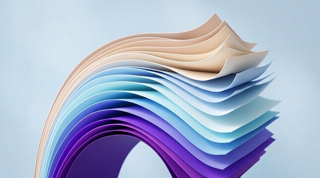 Abstract background of curved paper sheets in a gradient of colors
