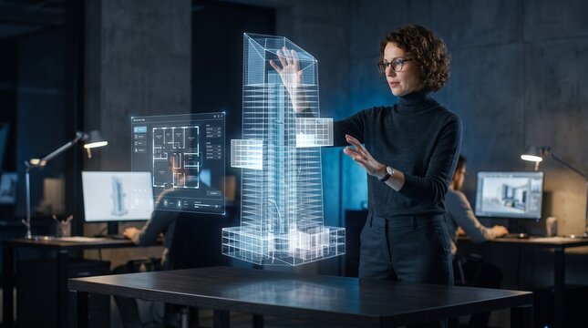 Architect interacting with a glowing 3D holographic building model floating above a dark wooden table in a modern industrial office space.
