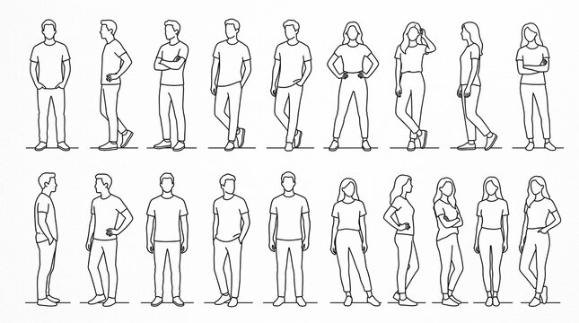 Set of diverse people standing in various poses illustrated in a simple line art style.
