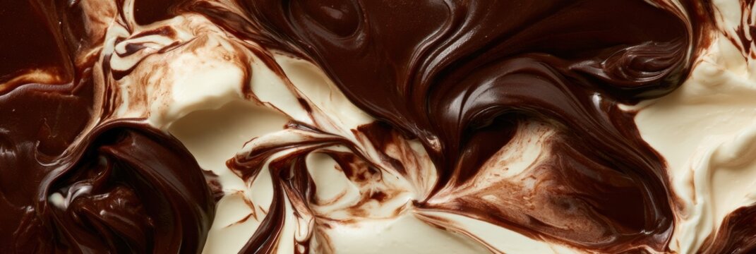 Dark fudge sauce blends with cold cream, creating swirling patterns in a dessert scene. The fusion shows movement and texture.